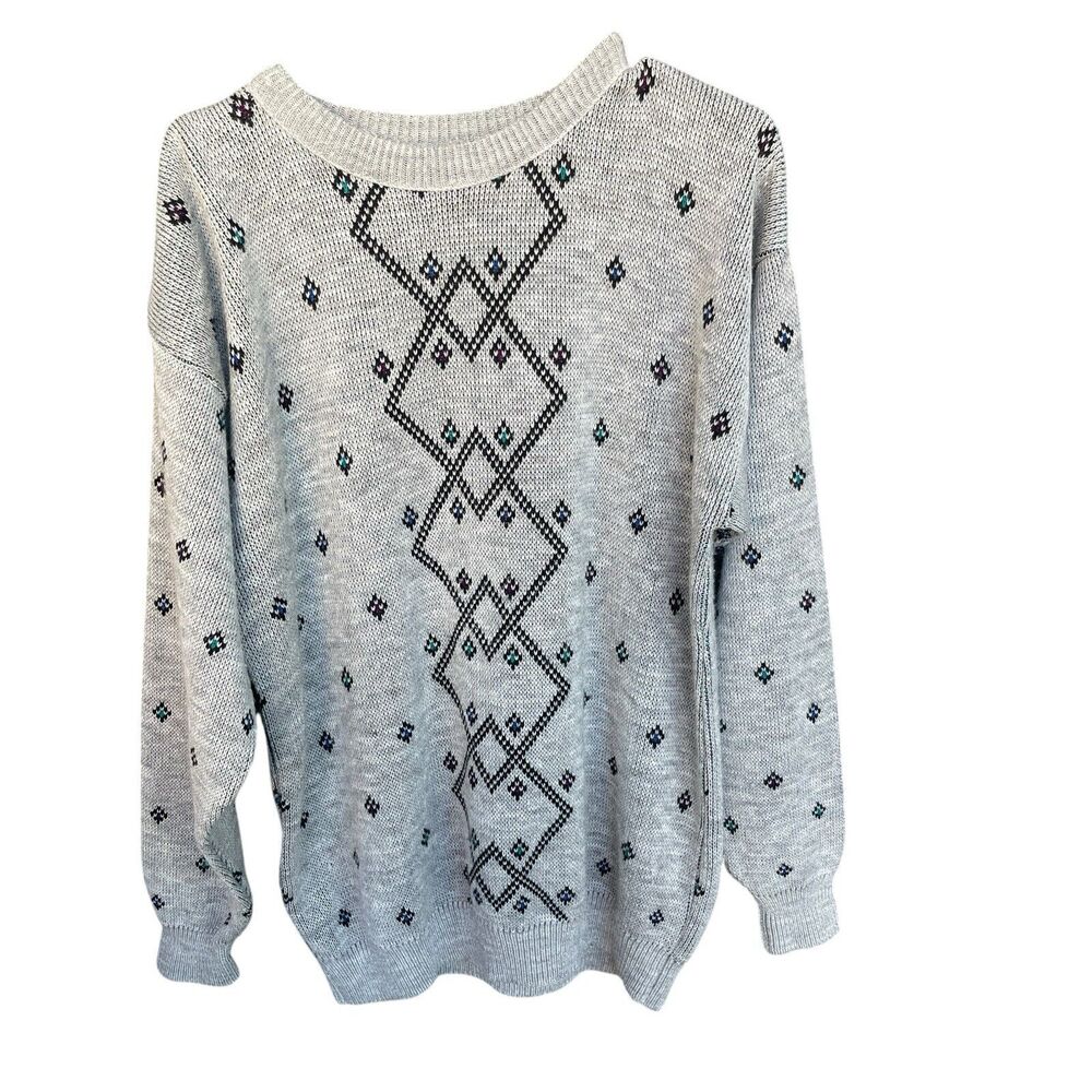 Oakton Sweater Mens Large Tall Gray Geometric Grandpa Winter Casual‎ Knit